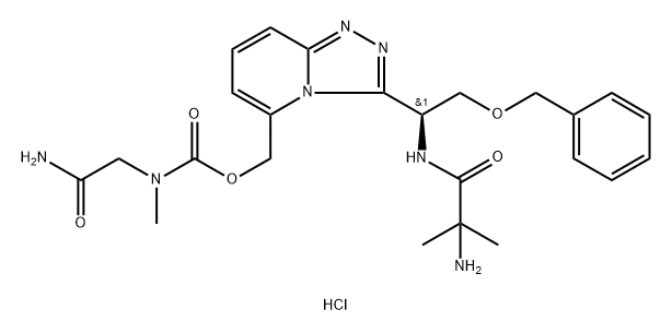 Carbamic acid, N-(2-amino-2-oxoethyl)-N-methyl-, [3-[(1S)-1-[(2-amino-2-methyl-1-oxopropyl)amino]-2-(phenylmethoxy)ethyl]-1,2,4-triazolo[4,3-a]pyridin-5-yl]methyl ester, dihydrochloride (1:2) 化学構造式