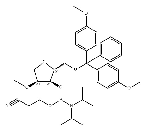 D-?Ribitol, 1,?4-?anhydro-?5-?O-?[bis(4-?methoxyphenyl)?phenylmethyl]?-?2-?O-?methyl-?, 3-?[2-?cyanoethyl N,?N-?bis(1-?methylethyl)?phosphoramidite] Struktur