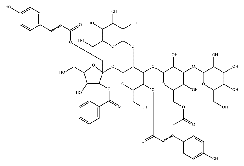 a-D-Glucopyranoside,3-O-benzoyl-1-O-[(2E)-3-(4-hydroxyphenyl)-1-oxo-2-propenyl]-b-D-fructofuranosyl O-b-D-glucopyranosyl-(1(R)2)-O-[O-b-D-glucopyranosyl-(1(R)3)-6-O-acetyl-b-D-glucopyranosyl-(1(R)3)]-,4-[(2E)-3-(4-hydroxyphenyl)-2-propenoate] (9CI) Struktur
