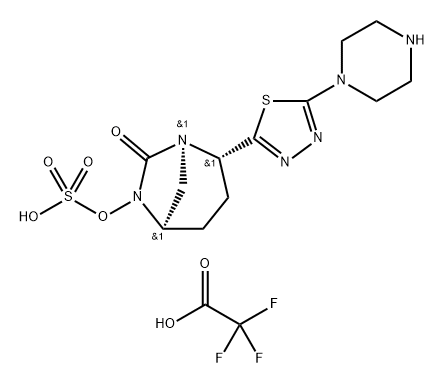 (2S,5R)-7-oxo-2-(5-(piperazin-1-yl)-1,3,4-thiadiazol-2-yl)-1,6-diazabicyclo[3.2.1]octan-6-yl hydrogen sulfate trifluoroacetic acid salt Struktur