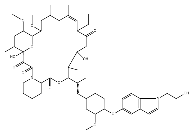 15,19-Epoxy-3H-pyrido[2,1-c][1,4]oxaazacyclotricosine-1,7,20,21(4H,23H)-tetrone, 8-ethyl-5,6,8,11,12,13,14,15,16,17,18,19,24,25,26,26a-hexadecahydro-5,19-dihydroxy-3-[(1E)-2-[(1R,3R,4R)-4-[[1-(2-hydroxyethyl)-1H-indol-5-yl]oxy]-3-methoxycyclohexyl]-1-methylethenyl]-14,16-dimethoxy-4,10,12,18-tetramethyl-, (3S,4R,5S,8R,9E,12S,14S,15R,16S,18R,19R,26aS)- Structure