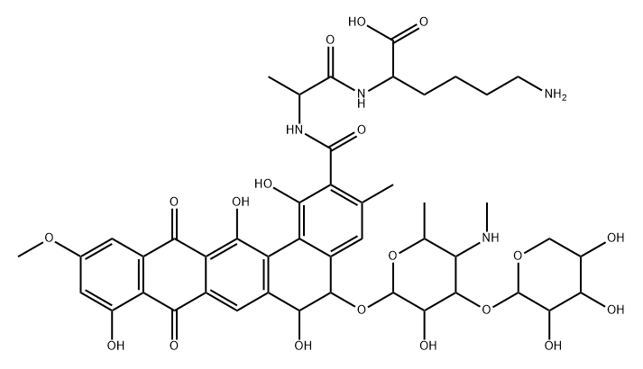 L-Lysine, N2-[N-[[5-[[4,6-dideoxy-4-(methylamino)-3-O-β-D-xylopyranosyl-β-D-galactopyranosyl]oxy]-5,6,8,13-tetrahydro-1,6,9,14-tetrahydroxy-11-methoxy-3-methyl-8,13-dioxobenzo[a]naphthacen-2-yl]carbonyl]-D-alanyl]-, (5S-trans)- (9CI) 化学構造式