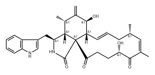 1H-Cyclotridec[d]isoindole-1,13,17(2H,14H)-trione, 3,3a,4,5,6,6a,9,10,15,16-decahydro-6,14-dihydroxy-3-(1H-indol-3-ylmethyl)-4,10,12-trimethyl-5-methylene-, (3S,3aR,4S,6S,6aR,7E,10S,11E,13S,17aR)- Structure