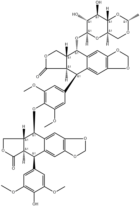 Furo[3′,4′:6,7]naphtho[2,3-d]-1,3-dioxol-6(5aH)-one, 9-[(4,6-O-ethylidene-β-D-glucopyranosyl)oxy]-5-[4-[[5,5a,6,8,8a,9-hexahydro-9-(4-hydroxy-3,5-dimethoxyphenyl)-8-oxofuro[3′,4′:6,7]naphtho[2,3-d]-1,3-dioxol-5-yl]oxy]-3,5-dimethoxyphenyl]-5,8,8a,8-tetrahydro-, [5R-[5α(5R*,5aR*,8aR*,9R*),5aβ,8aα,9β(R*)]]- Structure