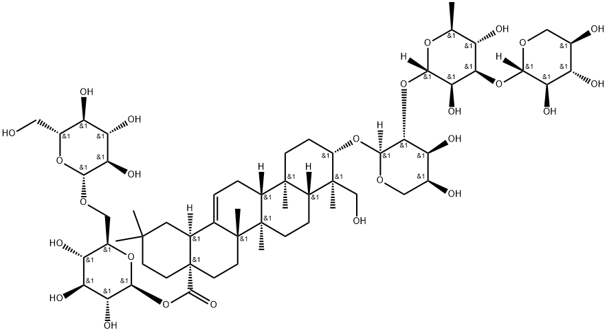 Olean-12-en-28-oic acid, 23-hydroxy-3-[(O-β-D-xylopyranosyl-(1→3)-O-6-deoxy-α-L-mannopyranosyl-(1→2)-α-L-arabinopyranosyl)oxy]-, 6-O-β-D-glucopyranosyl-β-D-glucopyranosyl ester, (3β,4α)-, 150107-44-1, 结构式
