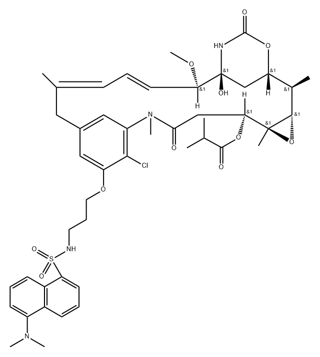 20-demethoxy-20-(3-(((5-dimethylamino)naphthalen-1-yl)sulfonyl)amino)propylmaytansinol-3-isobutyrate 结构式