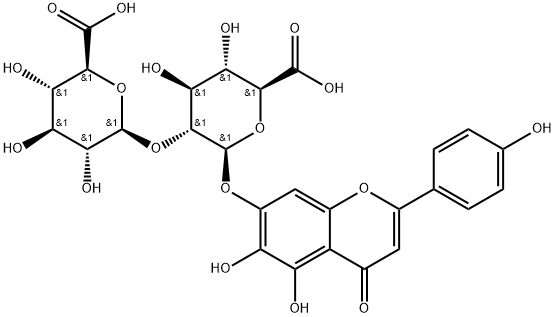 β-D-Glucopyranosiduronic acid, 5,6-dihydroxy-2-(4-hydroxyphenyl)-4-oxo-4H-1-benzopyran-7-yl 2-O-β-D-glucopyranuronosyl- 化学構造式