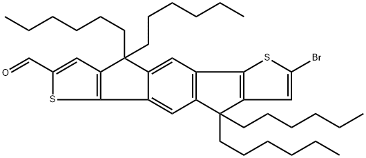 IN1537, 7-Bromo-4,4,9,9-tetrahexyl-4,9-dihydro-s-indaceno[1,2-b:5,6-b']dithiophene-2-carbaldehyde 化学構造式