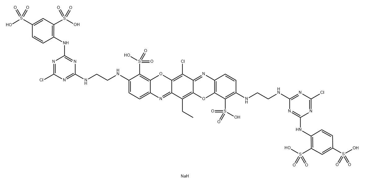 4,11-Triphenodioxazinedisulfonic acid, 6-chloro-3,10-bis2-4-chloro-6-(2,4-disulfophenyl)amino-1,3,5-triazin-2-ylaminoethylamino-13-ethyl-, hexasodium salt Structure