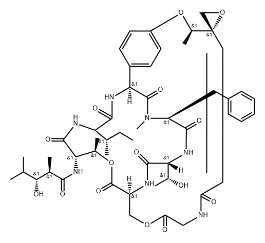 L-Serine, N-[(2R,3R)-3-hydroxy-2,4-dimethyl-1-oxopentyl]-L-threonyl-D-alloisoleucyl-(2S)-2-(4-hydroxyphenyl)glycyl-N-methyl-L-phenylalanyl-D-allothreonyl-O-[N-[(2E)-3-[(2S)-2-[(1R)-1-hydroxyethyl]-2-oxiranyl]-1-oxo-2-propen-1-yl]glycyl]-, (6→13)-lactone, cyclic (1'→3)-ether Structure