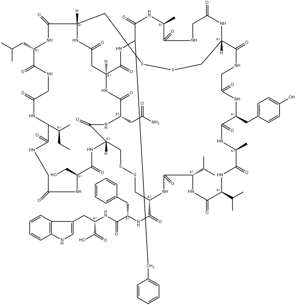 シクロ[L-Ser-L-Cys(2)-L-Asn-L-βαAsp-(L-Phe-L-Ala-Gly-L-Cys(1)-Gly-L-Tyr-L-Ala-L-Val-L-Val-L-Cys(2)-L-Phe-L-Trp-OH)-L-Cys(1)-L-Leu-Gly-L-Ile-Gly-] 化学構造式