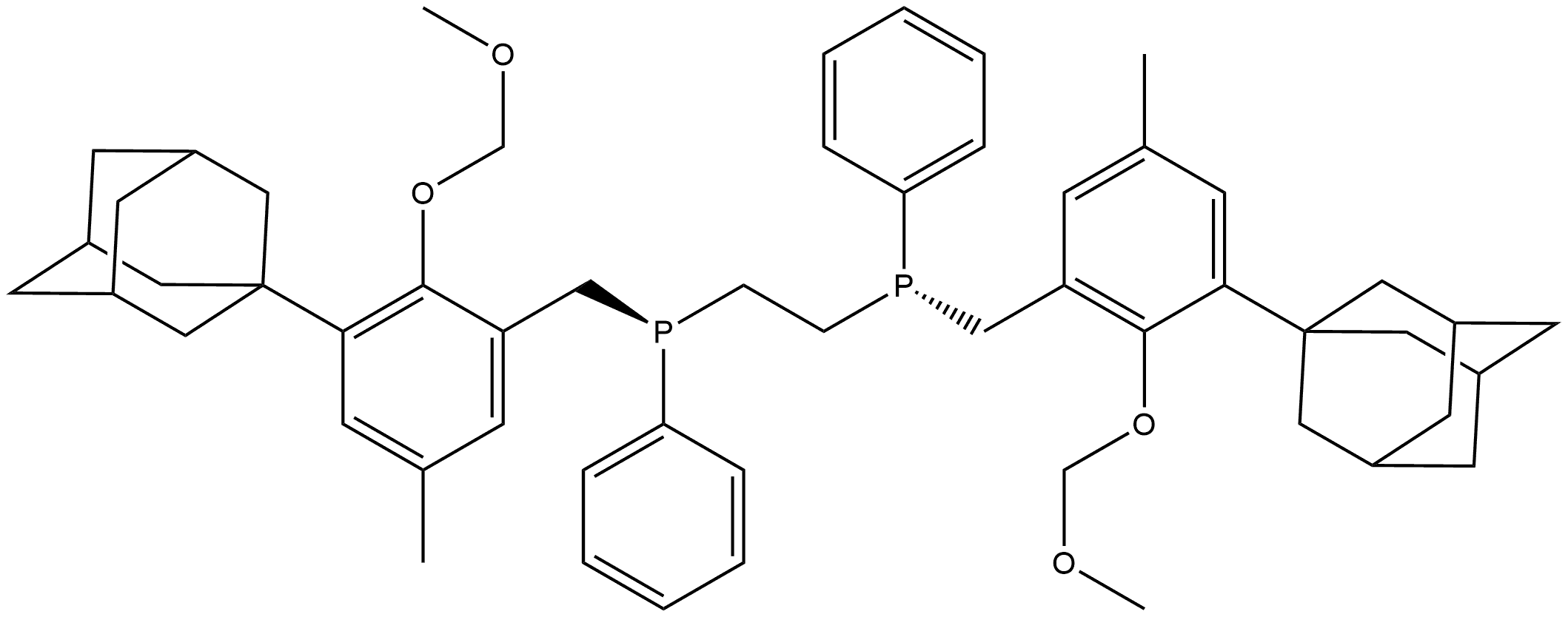 trans-(3-(Adamantan-1-yl)-2-(methoxymethoxy)-5-methylbenzyl)(2-((2-(methoxymethoxy)-5-methyl-3-(3-methyladamantan-1-yl)benzyl)(phenyl)phosphino)ethyl)(phenyl)phosphine 化学構造式