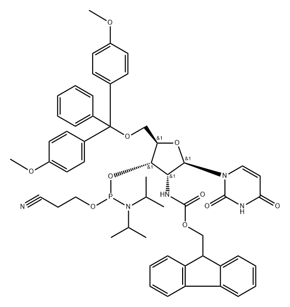 Uridine, 5-O-[bis(4-methoxyphenyl)phenylmethyl]-2-deoxy-2-[[(9H-fluoren-9-ylmethoxy)carbonyl]amino]-, 3-[2-cyanoethyl bis(1-methylethyl)phosphoramidite] (9CI),155098-83-2,结构式