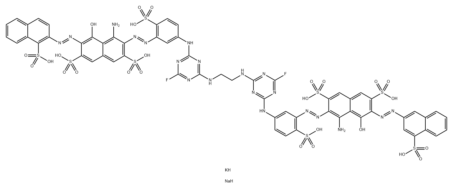 1,2-bis[4-fluoro-6-{4-sulfo-5-(2-(4-sulfonaphtalene-3-ylazo)-1-hydroxy-3,6-disulfo-8-aminonaphthalene-7-ylazo)phenylamino}-1,3,5-triazin-2ylamino]ethanex-sodium, y-potassium salts x = 7,755    y = 0,245 Structure