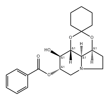 Spirocyclohexane-1,2-1,3dioxino4,5,6-hiindolizine-8,9-diol, octahydro-, 8-benzoate, 3aS-(3a.alpha.,8.alpha.,9.beta.,9a.beta.,9b.alpha.)- Struktur