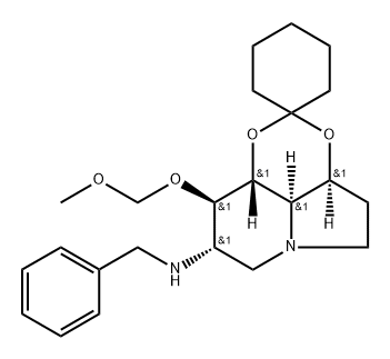 Spirocyclohexane-1,2-1,3dioxino4,5,6-hiindolizin-8-amine, octahydro-9-(methoxymethoxy)-N-(phenylmethyl)-, 3aS-(3a.alpha.,8.alpha.,9.beta.,9a.beta.,9b.alpha.)- Structure