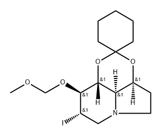 Spirocyclohexane-1,2-1,3dioxino4,5,6-hiindolizine, octahydro-8-iodo-9-(methoxymethoxy)-, 3aS-(3a.alpha.,8.alpha.,9.beta.,9a.beta.,9b.alpha.)- Structure