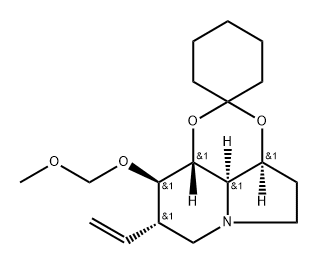 Spirocyclohexane-1,2-1,3dioxino4,5,6-hiindolizine, 8-ethenyloctahydro-9-(methoxymethoxy)-, 3aS-(3a.alpha.,8.alpha.,9.beta.,9a.beta.,9b.alpha.)- Struktur