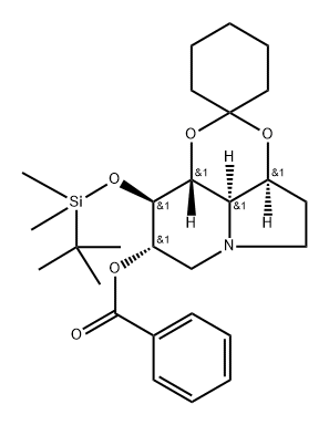 Spirocyclohexane-1,2-1,3dioxino4,5,6-hiindolizin-8-ol, 9-(1,1-dimethylethyl)dimethylsilyloxyoctahydro-, benzoate (ester), 3aS-(3a.alpha.,8.alpha.,9.beta.,9a.beta.,9b.alpha.)- 结构式