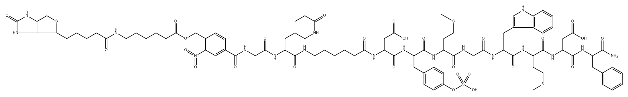 4-(biotin-epsilon-(aminohexanoyl)oxymethyl)-3-nitrobenzoyl-glycyl-(propionyl)ornithinyl-epsilon-aminohexanoyl-cholecystokinin,157203-06-0,结构式