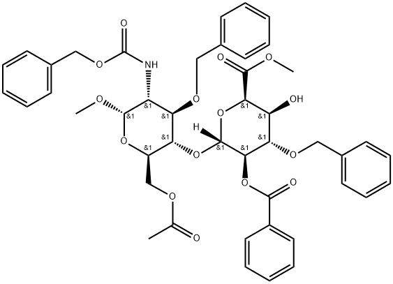 α-D-Glucopyranoside, methyl 4-O-[2-O-benzoyl-6-methyl-3-O-(phenylmethyl)-α-L-idopyranuronosyl]-2-deoxy-2-[[(phenylmethoxy)carbonyl]amino]-3-O-(phenylmethyl)-, 6-acetate Structure