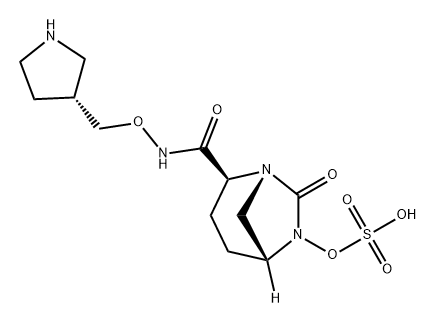 (2S,5R)-7-oxo-N-[(3R)-pyrrolidin-3-ylmethyloxy]-6-(sulfooxy)-1,6-diazabicyclo[3.2.1]octane-2-carboxamide 化学構造式