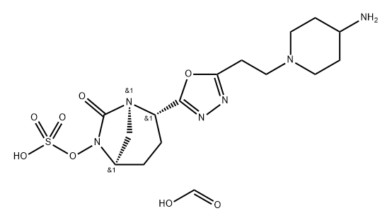 (2S,5R)-2-(5-(2-(4-aminopiperidin-1-yl)ethyl)-1,3,4-oxadiazol-2-yl)-7-oxo-1,6-diazabicyclo[3.2.1]octan-6-yl hydrogen sulfate formate 化学構造式