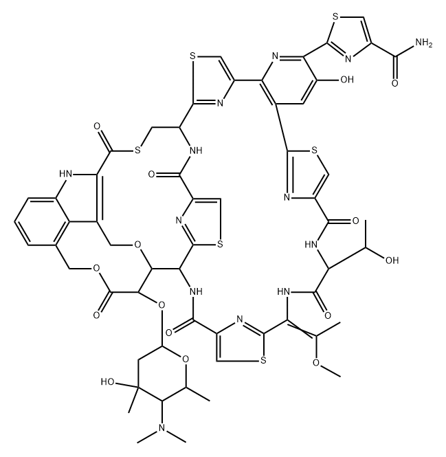 4-Thiazolecarboxamide, 2-[49-[[2,4,6-trideoxy-4-(dimethylamino)-3-C-methyl-α-L-lyxo-hexopyranosyl]oxy]-9,10,11,12,13,14,19,20,21,22,29,30,32,33-tetradecahydro-3,29-dihydroxy-11-(1-hydroxyethyl)-14-(1-methoxyethylidene)-9,12,19,30,40,48-hexaoxo-22,25-(ethanoxymethano)-8,5:18,15:37,34-trinitrilo-21,33-([2,4]-endo-thiazolomethanimino)-5H,15H,24H,34H-pyrido[3′,2′:20,21][1,8,18,24,28,4,11,14]oxatetrathiatriazacyclodotriacontino[30,31-b]indol-2-yl]- Structure