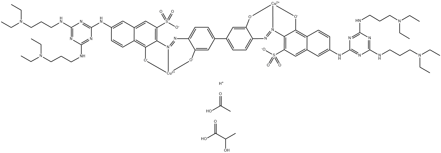 (2,2'-(3,3'-dioxidobiphenyl-4,4'-diyldiazo)bis(6-(4-(3-(diethylamino)propylamino)-6-(3-(diethylammonio)propylamino)-1,3,5-triazin-2-ylamino)-3-sulfonato-1-naphtholato))dicopper(II) acetate lactate,159604-94-1,结构式