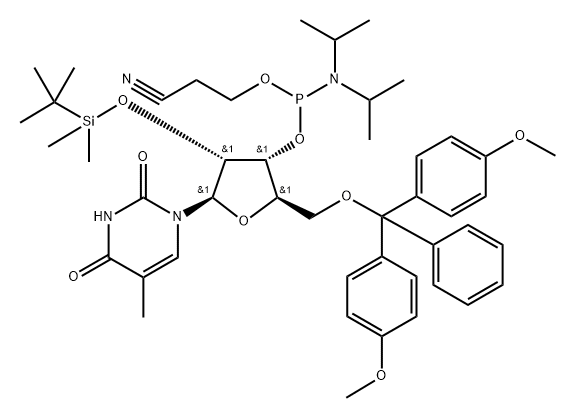 Uridine, 5'-O-[bis(4-methoxyphenyl)phenylmethyl]-2'-O-[(1,1-dimethylethyl)dimethylsilyl]-5-methyl-, 3'-[2-cyanoethyl N,N-bis(1-methylethyl)phosphoramidite] 化学構造式