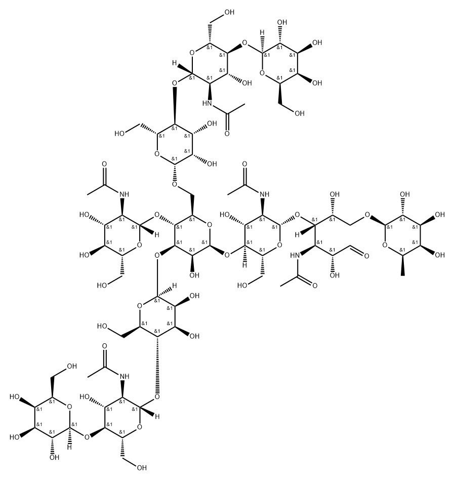 O-BETA-D-吡喃半乳糖基-(1-4)-2-(乙酰氨基)-2-脱氧-BETA-D-吡喃葡萄糖基-(1-4)-O-BETA-D-吡喃半乳糖基-(1-6)-O-[2-(乙酰氨基)-2-脱氧-BETA-D-吡喃葡萄糖基-(1-4)]-O-[BETA-D-吡喃半乳糖基-(1-4)-2-(乙酰氨基)-2-脱氧-BETA-D-吡喃葡萄糖基-(1-4)-O-BETA-D-甘露糖基-(1-3)]-O-BETA-D-甘露糖基-(1-4)-2-(乙酰氨基)-2-脱氧-BETA-D-吡喃葡萄糖基-(1-4)-O[6-脱氧-BETA-D-吡喃半乳糖基-(1-6)]-2-(乙酰氨基)-2-脱氧-D-葡萄糖, 1598374-91-4, 结构式