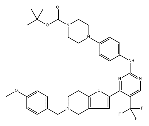 1,1-Dimethylethyl 4-[4-[[4-[4,5,6,7-tetrahydro-5-[(4-methoxyphenyl)methyl]furo[3,2-c]pyridin-2-yl]-5-(trifluoromethyl)-2-pyrimidinyl]amino]phenyl]-1-piperazinecarboxylate 结构式