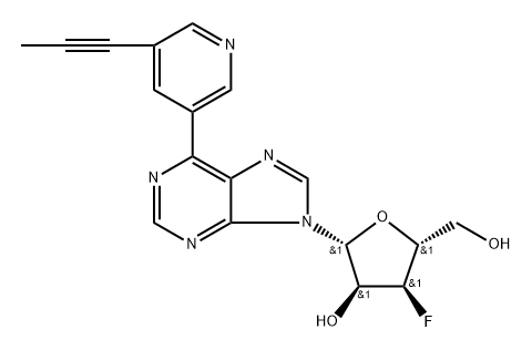 9-(3-Deoxy-3-fluoro-β-D-ribofuranosyl)-6-[5-(propyn-1-yl)pyridin-3-yl]purine,1612191-95-3,结构式