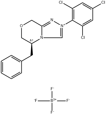 8H-1,2,4-Triazolo[3,4-c][1,4]oxazinium, 5,6-dihydro-5-(phenylmethyl)-2-(2,4,6-trichlorophenyl)-, (5S)-, tetrafluoroborate(1-) (1:1) 化学構造式