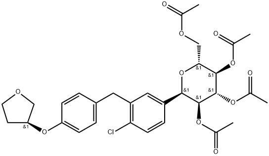 (2R,3R,4R,5S,6R)-2-(acetoxymethyl)-6-(4-chloro-3-(4-(((S)-tetrahydrofuran-3-yl)oxy)benzyl)phenyl)tetrahydro-2H-pyran-3,4,5-triyl triacetate Structure