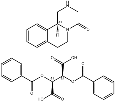 Butanedioic acid, 2,3-bis(benzoyloxy)-, (2S,3S)-, compd. with (11bS)-1,2,3,6,7,11b-hexahydro-4H-pyrazino[2,1-a]isoquinolin-4-one (1:1) 化学構造式