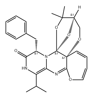 3,5a-Epoxy-2H,5aH,7H-[1,4]dioxepino[2,3-e]oxepino[2,3-d]pyrazino[1,2-a]pyrimidin-8(9H)-one, 3,4-dihydro-4,4-dimethyl-10-(1-methylethyl)-7-(phenylmethyl)-, (3R,5aS,7S,16aR)-,1623451-72-8,结构式