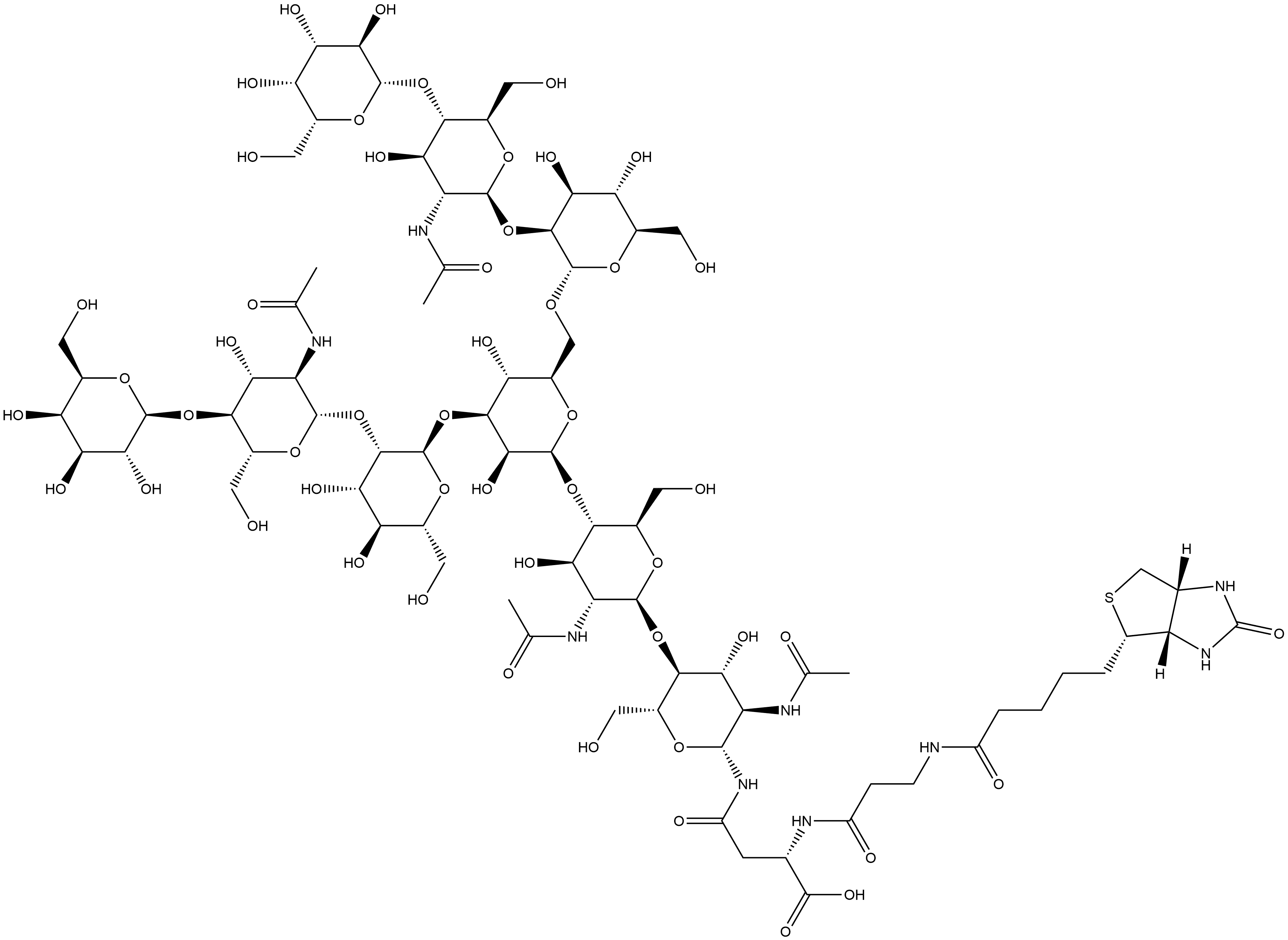 3aS-(3aα,4β,6aα)]-N-[O-β-D-galactopyranosyl-(1→4)-O-2-(acetylamino)-2-deoxy-β-D-glucopyranosyl-(1→2)-O-α-D-mannopyranosyl-(1→3)-O-[O-β-D-galactopyranosyl-(1→4)-O-2-(acetylamino)-2-deoxy-β-D-glucopyranosyl-(1→2)-α-D-mannopyranosyl-(1→6)]-O-β-D-mannopyranosyl-(1→4)-O-2-(acetylamino)-2-deoxy-β-D-glucopyranosyl-(1→4)-2-(acetylamino)-2-deoxy-β-D-glucopyranosyl]-N2-[N-[5-(hexahydro-2-oxo-1H-thieno[3,4-d]imidazol-4-yl)-1-oxopentyl]-β-alanyl]-L-Asparagine,162712-95-0,结构式