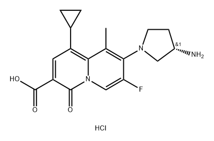 4H-Quinolizine-3-carboxylicacid, 8-[(3S)-3-amino-1-pyrrolidinyl]-1-cyclopropyl-7-fluoro-9-methyl-4-oxo-,hydrochloride (1:1) Structure