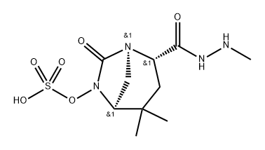 (1R,2S,5R)-4,4-Dimethyl-7-oxo-6-(sulfooxy)-1, 6-diazabicyclo[3.2.1]octane-2-carboxylic acid 2-(2-methylhydrazide) 化学構造式
