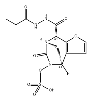 (4R,7R,8S)-4,5,6,8-Tetrahydro-6-oxo-5- (sulfooxy)-4,7-methano-7H-furo[2,3-e][1,3] diazepine-8-carboxylic acid 8-[2-(1-oxopropyl) hydrazide] 化学構造式