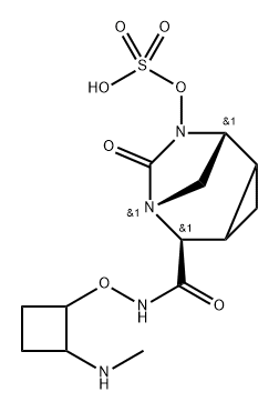 (1R,5S,6R)-N-[[2-(Methylamino)cyclobutyl]oxy] -7-oxo-8-(sulfooxy)-6,8-diazatricyclo[4.2.1.0 ]nonane-5-carboxamide 化学構造式