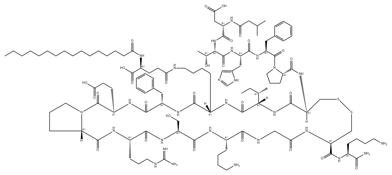 L-Lysinamide, N-(3-methyl-1-oxobutyl)-L-α-aspartyl-L-threonyl-L-histidyl-L-phenylalanyl-L-prolyl-L-cysteinyl-L-isoleucyl-N6-[N-(1-oxohexadecyl)-L-γ-glutamyl]-L-lysyl-L-phenylalanyl-L-α-glutamyl-L-prolyl-L-arginyl-L-seryl-L-lysylglycyl-L-cysteinyl-, cyclic (6→16)-disulfide 化学構造式