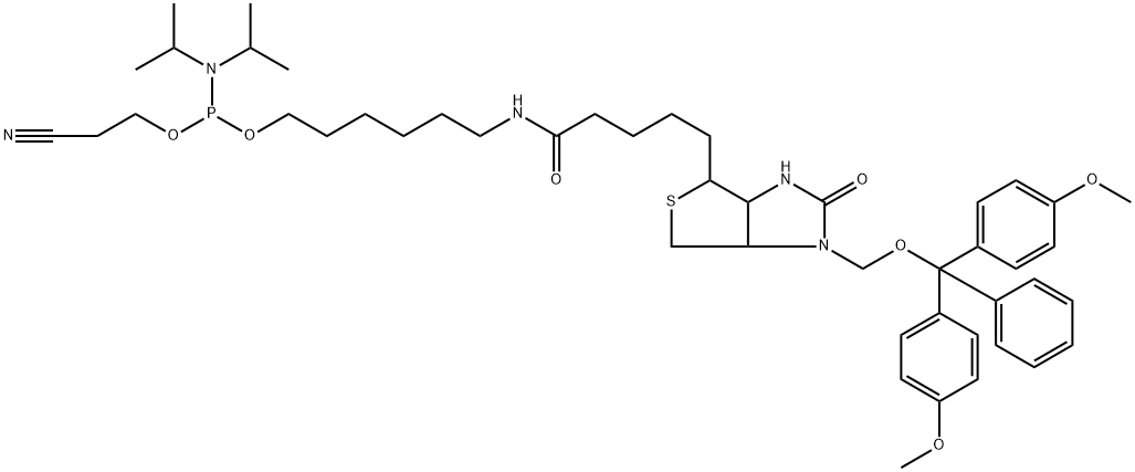 Phosphoramidous acid, N,N-bis(1-methylethyl)-, 6-[[5-[1-[[bis(4-methoxyphenyl)phenylmethoxy]methyl]hexahydro-2-oxo-1H-thieno[3,4-d]imidazol-4-yl]-1-oxopentyl]amino]hexyl 2-cyanoethyl ester Structure