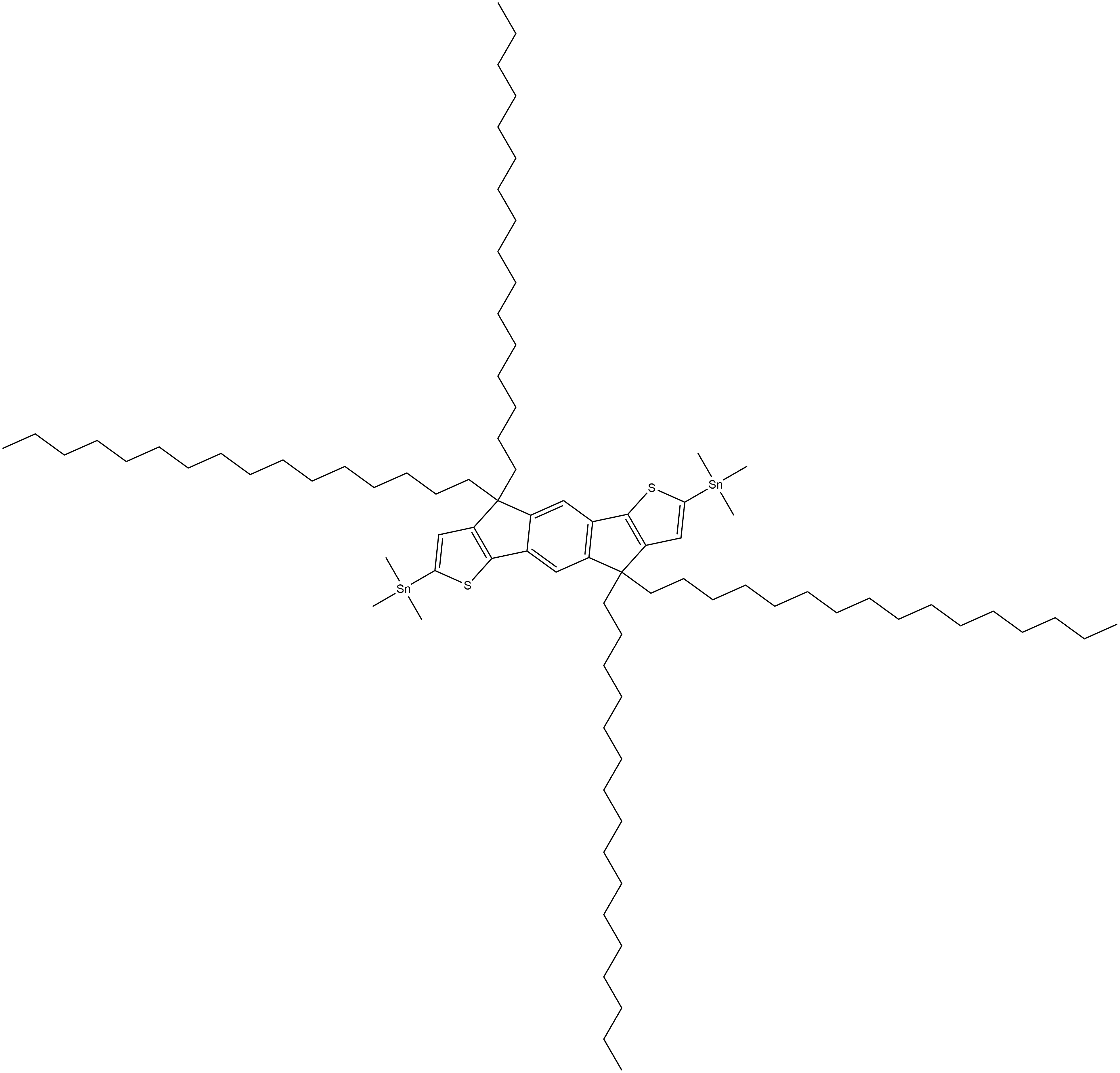 Stannane, 1,1'-(4,4,9,9-tetrahexadecyl-4,9-dihydro-s-indaceno[1,2-b:5,6-b']dithiophene-2,7-diyl)bis[1,1,1-trimethyl- 化学構造式