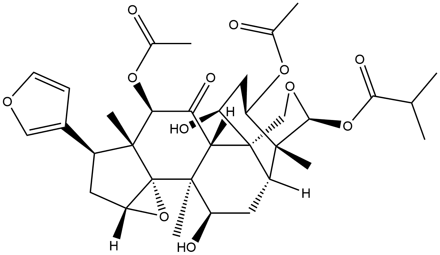 163634-39-7 24-Norchola-20,22-diene-4-carboxaldehyde, 3,12-bis(acetyloxy)-14,15:21,23-diepoxy-1,7,19-trihydroxy-4,8-dimethyl-11-oxo-, cyclic 4,19-(2-methyl-1-oxopropyl acetal), [C(S),1α,3α,4β,5α,7α,12α,13α,14β,15β,17α]-