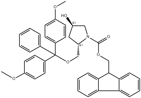 1-Pyrrolidinecarboxylic acid, 2-[[bis(4-methoxyphenyl)phenylmethoxy]methyl]-4-hydroxy-, 9H-fluoren-9-ylmethyl ester, (2S,4R)- 化学構造式