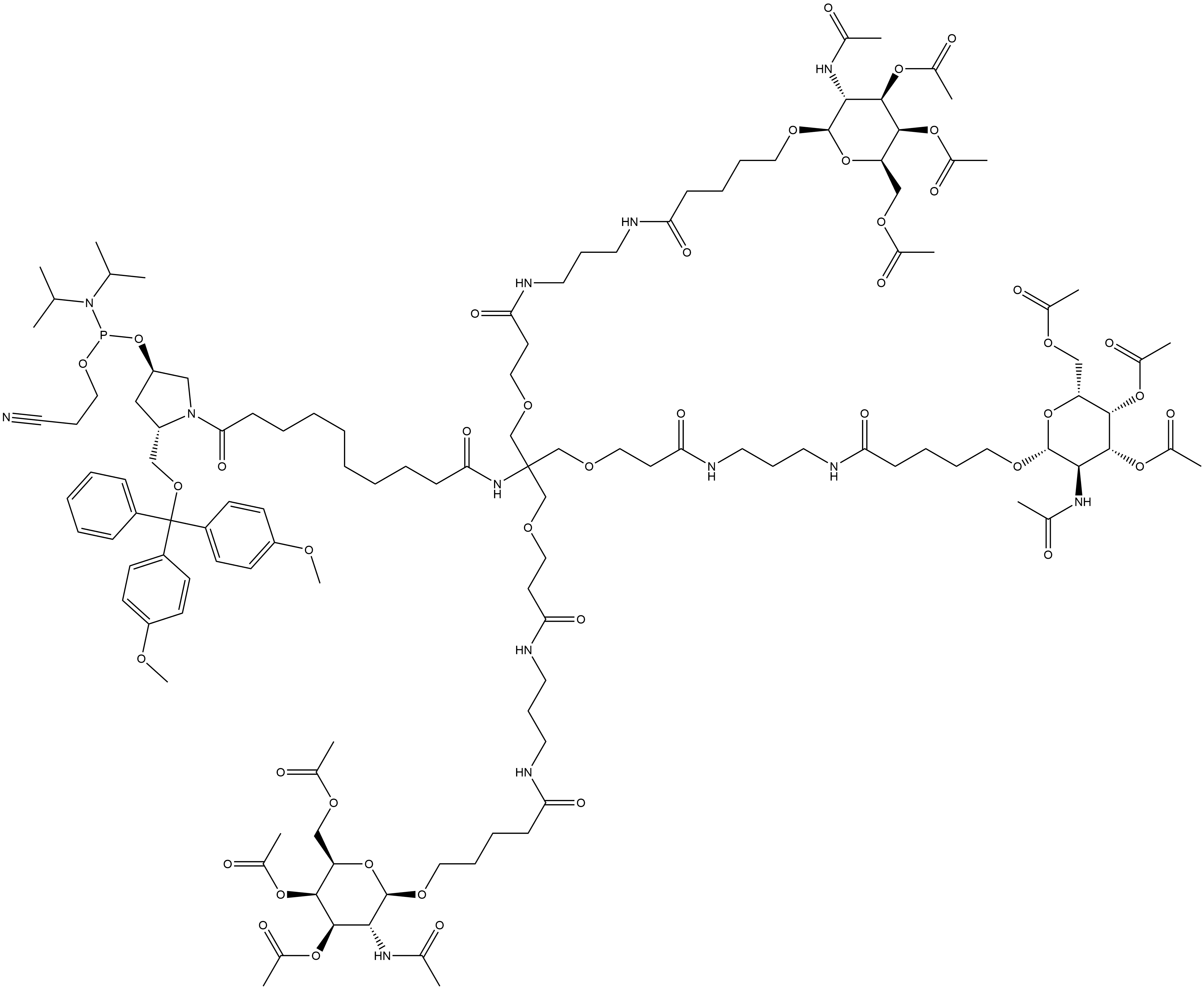 Phosphoramidous acid, N,N-bis(1-methylethyl)-, (3R,5S)-5-[[bis(4-methoxyphenyl)phenylmethoxy]methyl]-1-[1,10,17,23-tetraoxo-12,12-bis[[3-oxo-3-[[3-[[1-oxo-5-[[3,4,6-tri-O-acetyl-2-(acetylamino)-2-deoxy-β-D-galactopyranosyl]oxy]pentyl]amino]propyl]amino]propoxy]methyl]-27-[[3,4,6-tri-O-acetyl-2-(acet... Struktur