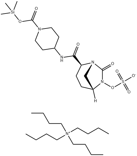 1-Butanaminium, N,N,N-tributyl-, trimethylsilyl 4-[[[(1R,2S,5R)-7-oxo-6-(sulfooxy)-1,6-diazabicyclo[3.2.1]oct-2-yl]carbonyl]amino]-1-piperidinecarboxylate (1:1) 化学構造式