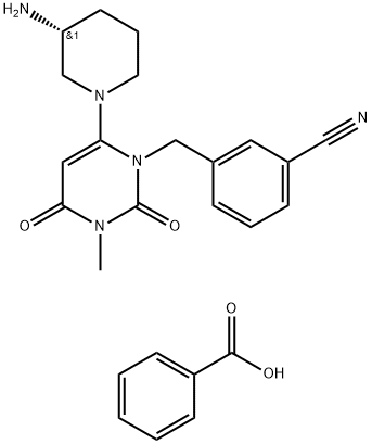 Benzonitrile, 3-[[6-[(3R)-3-amino-1-piperidinyl]-3,4-dihydro-3-methyl-2,4-dioxo-1(2H)-pyrimidinyl]methyl]-, benzoate (1:1) Structure